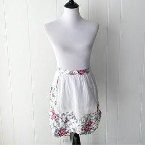 Vintage 1950's Half Apron White Gray Pink Floral Organza  Pocket Tie Waist